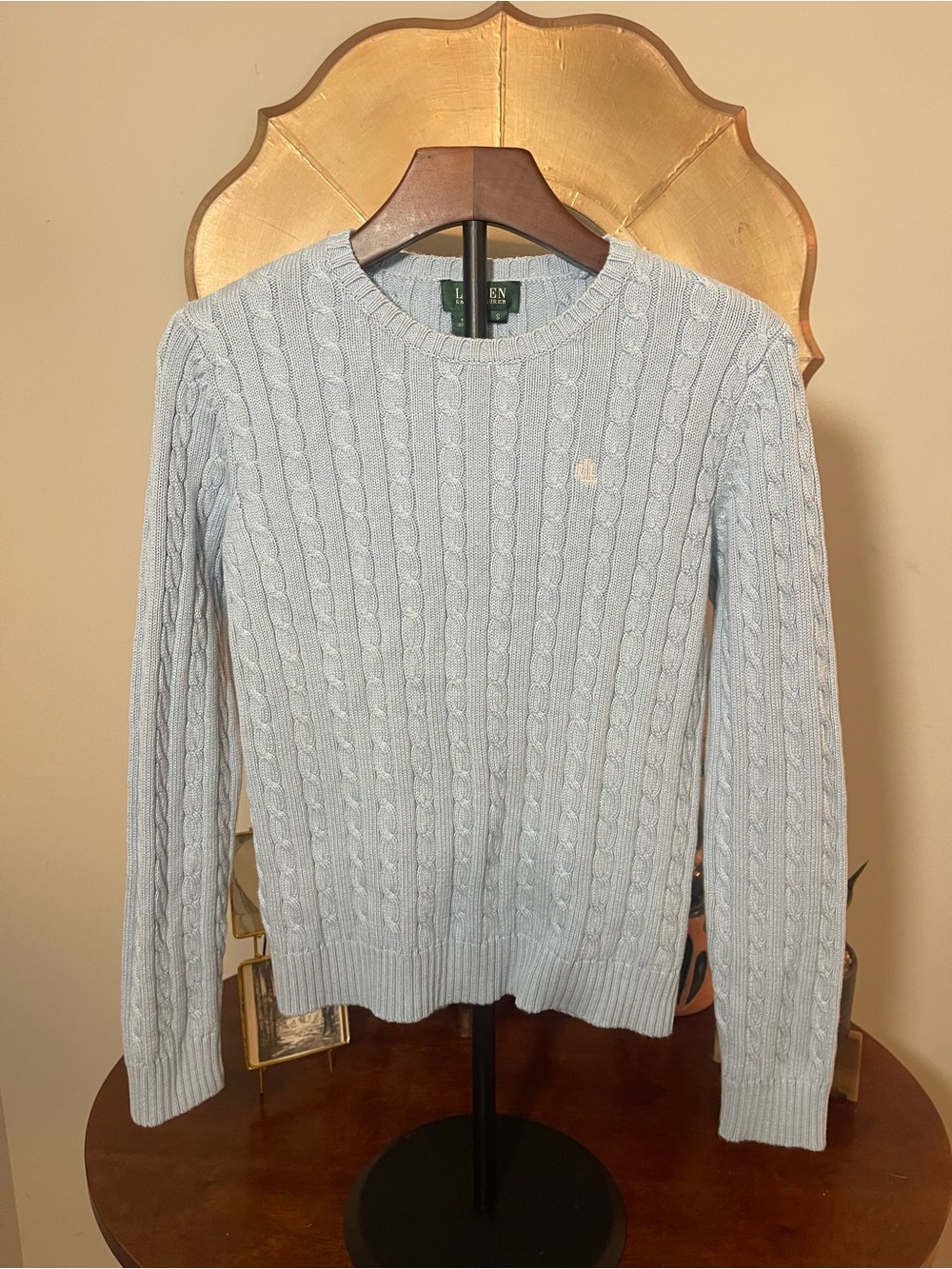 Lauren Ralph Lauren Women’s Lt Blue Cable Knit Crewneck Sweater Soft Girl Spring
